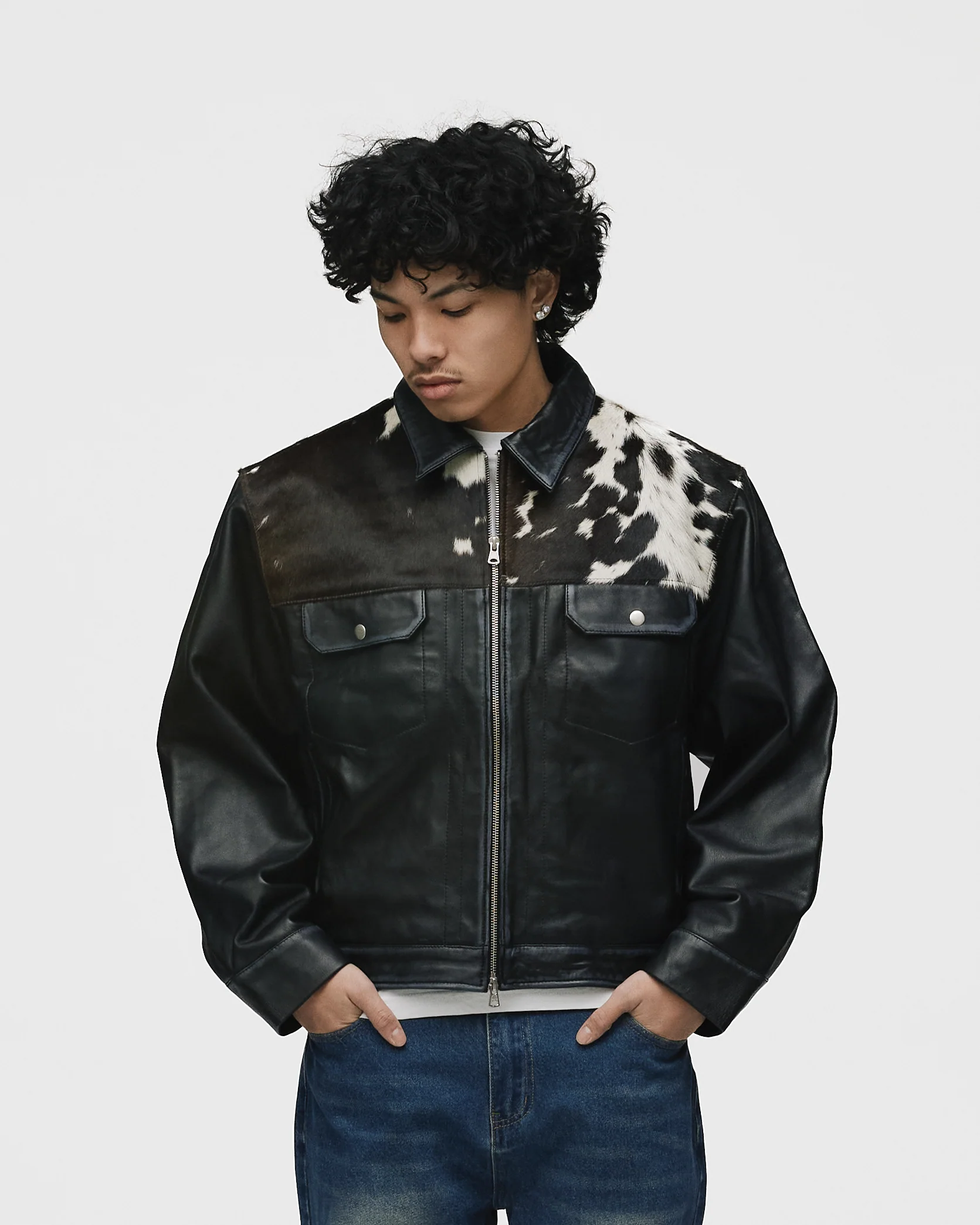 Cowhide Leather Jacket - Black - Image 3