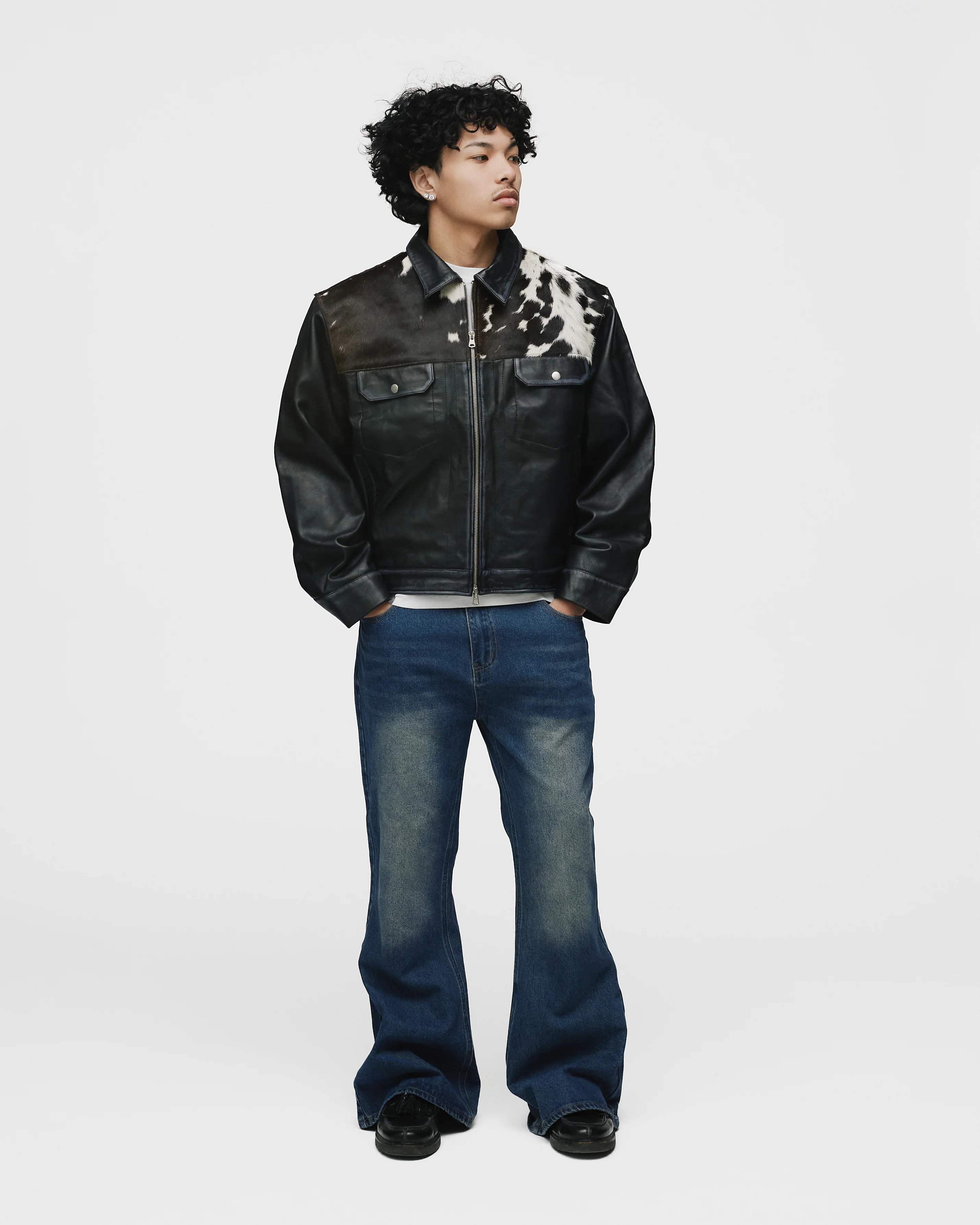 Cowhide Leather Jacket - Black - Image 4