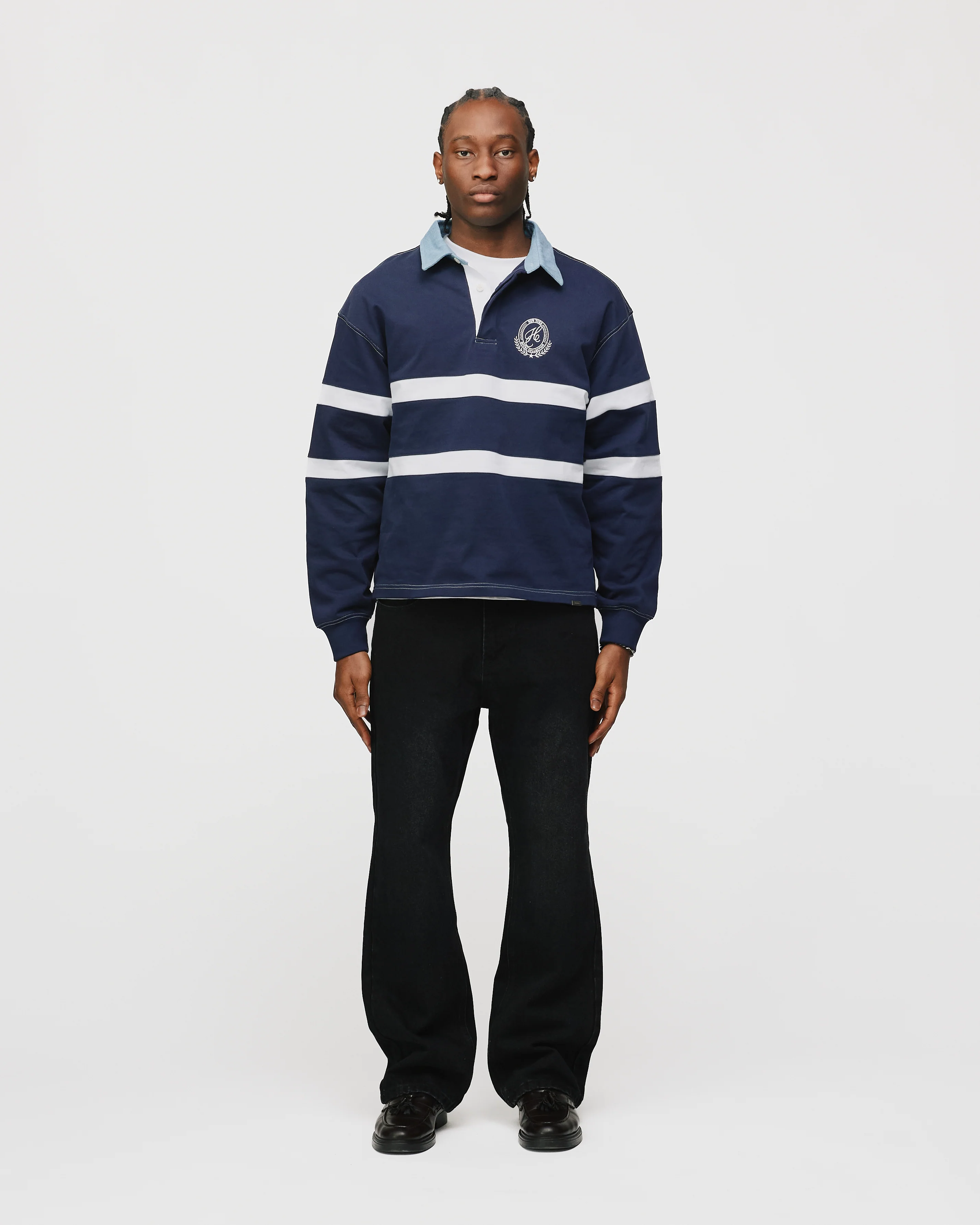 Cropped Rugby Shirt - Navy Blue - Image 2