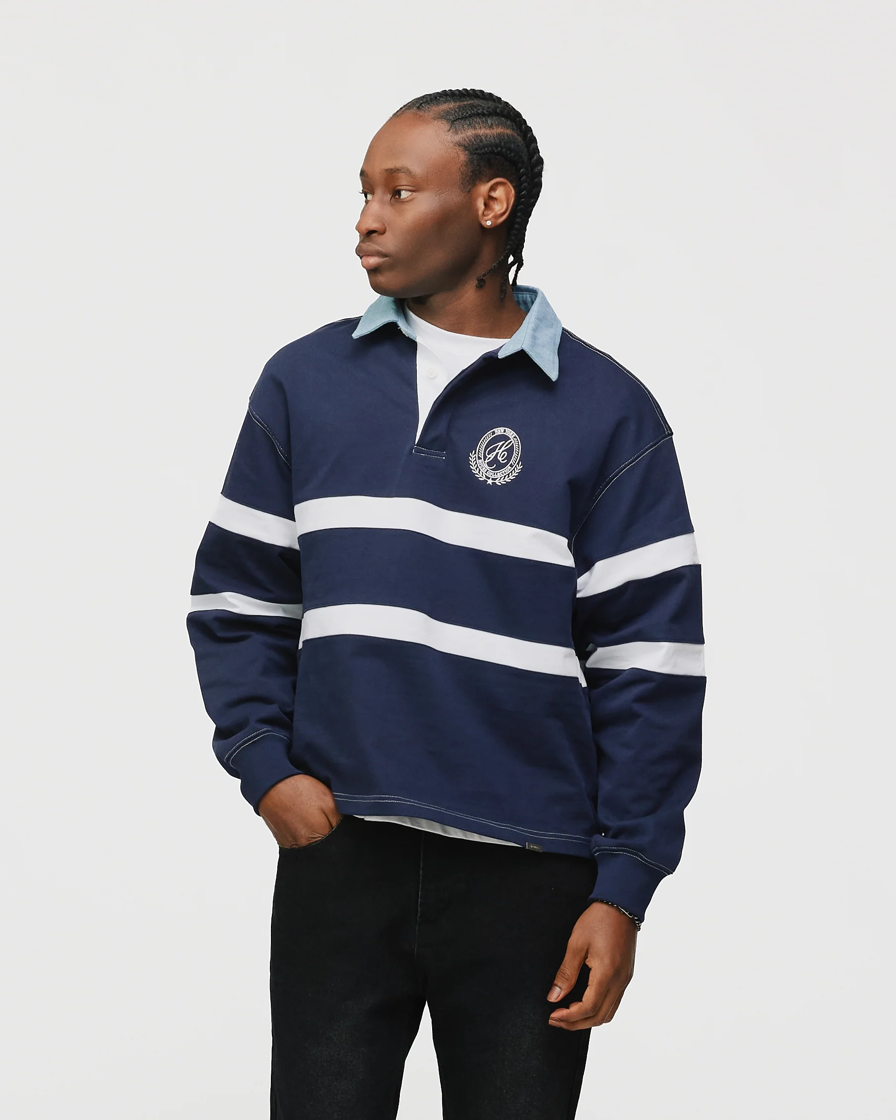 Cropped Rugby Shirt - Navy Blue - Image 3