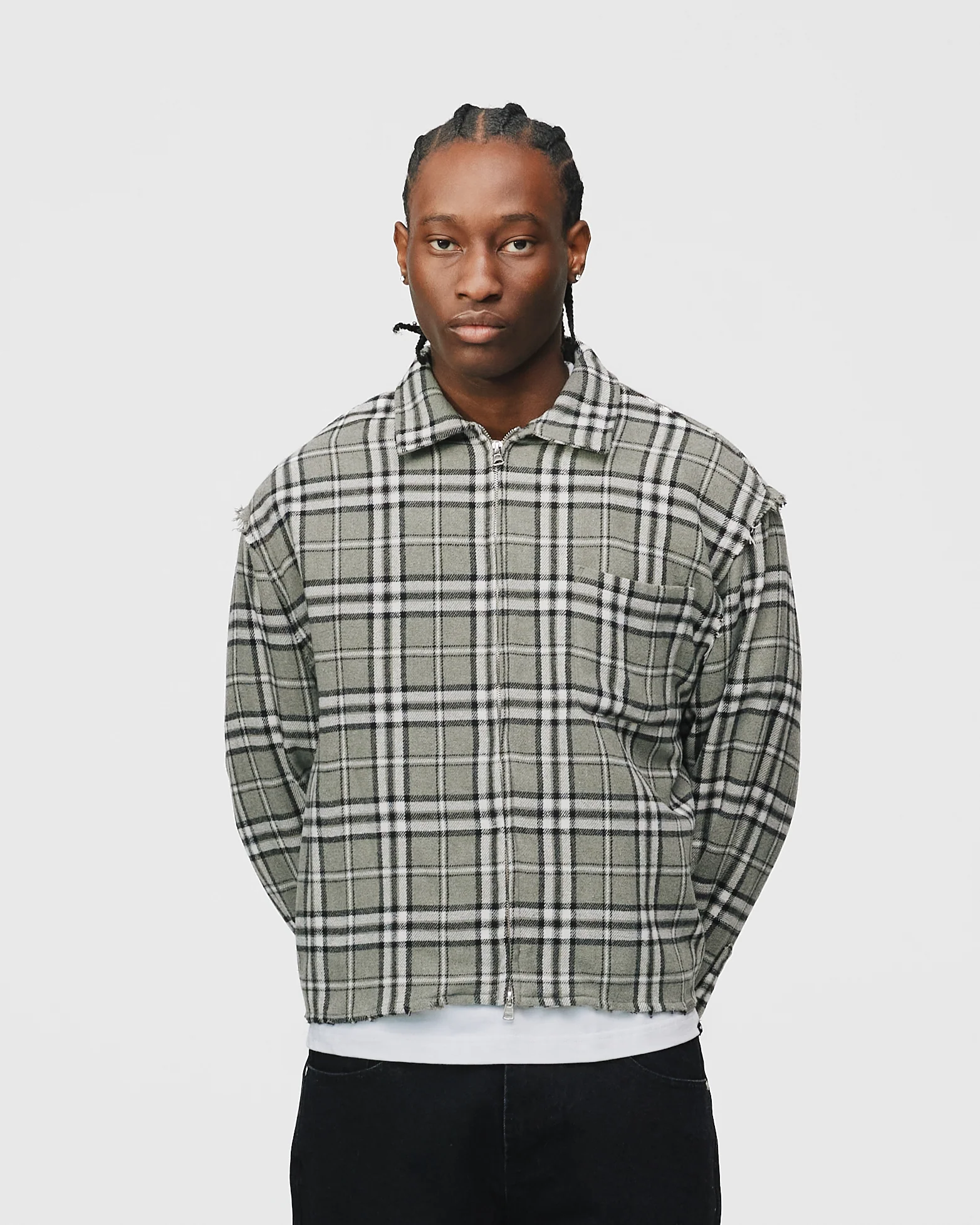 Cropped Zip Flannel - Grey - Image 3