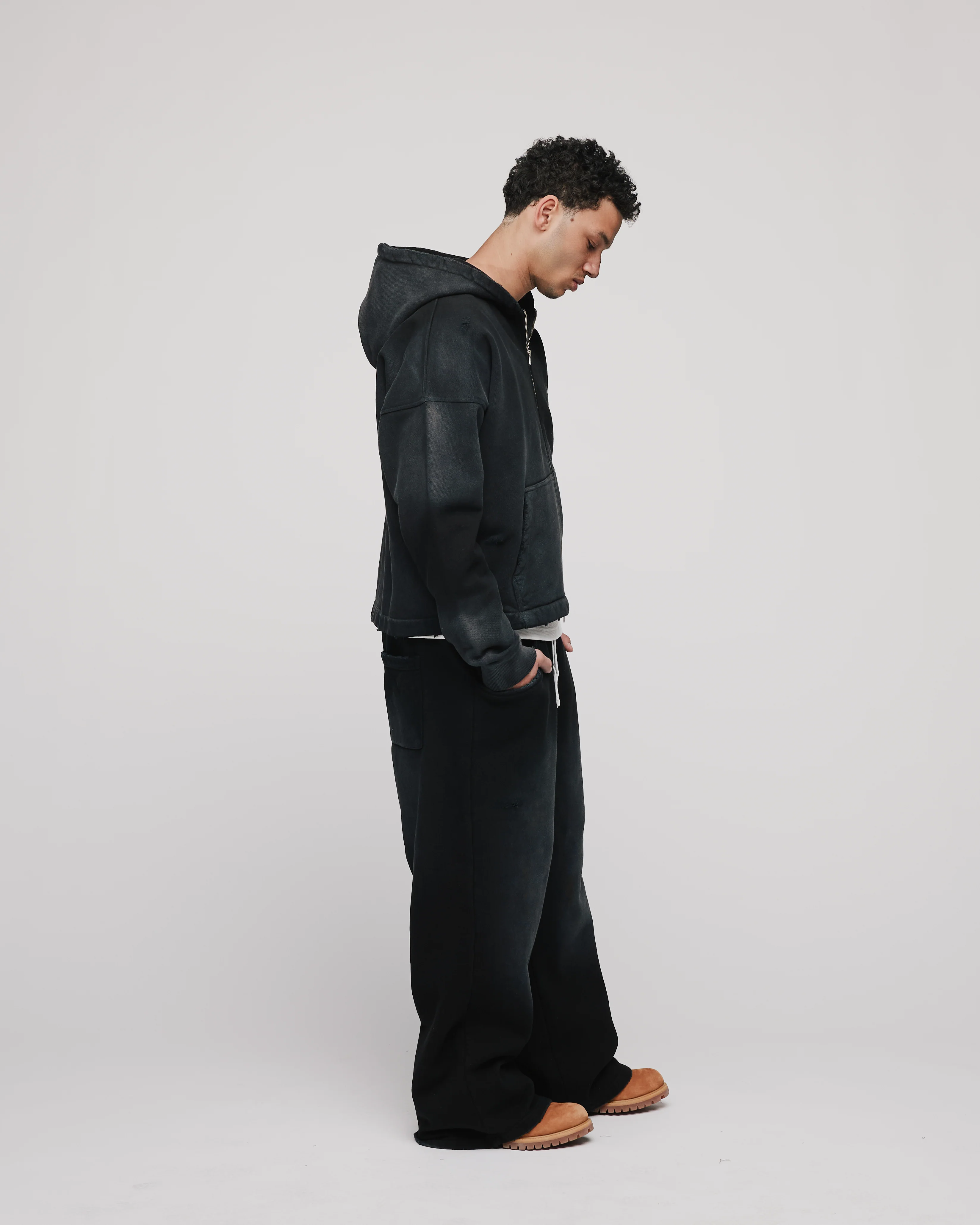 Cropped Zip Hoodie - Sunfaded Black - Image 6