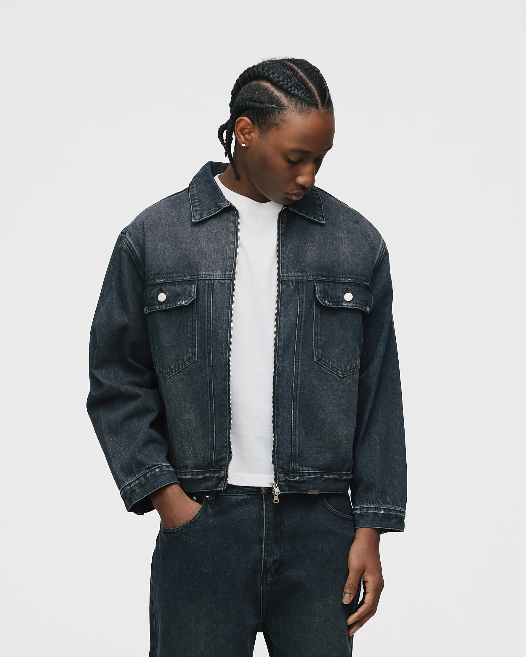 Denim Zip Jacket - Washed Black - Image 3