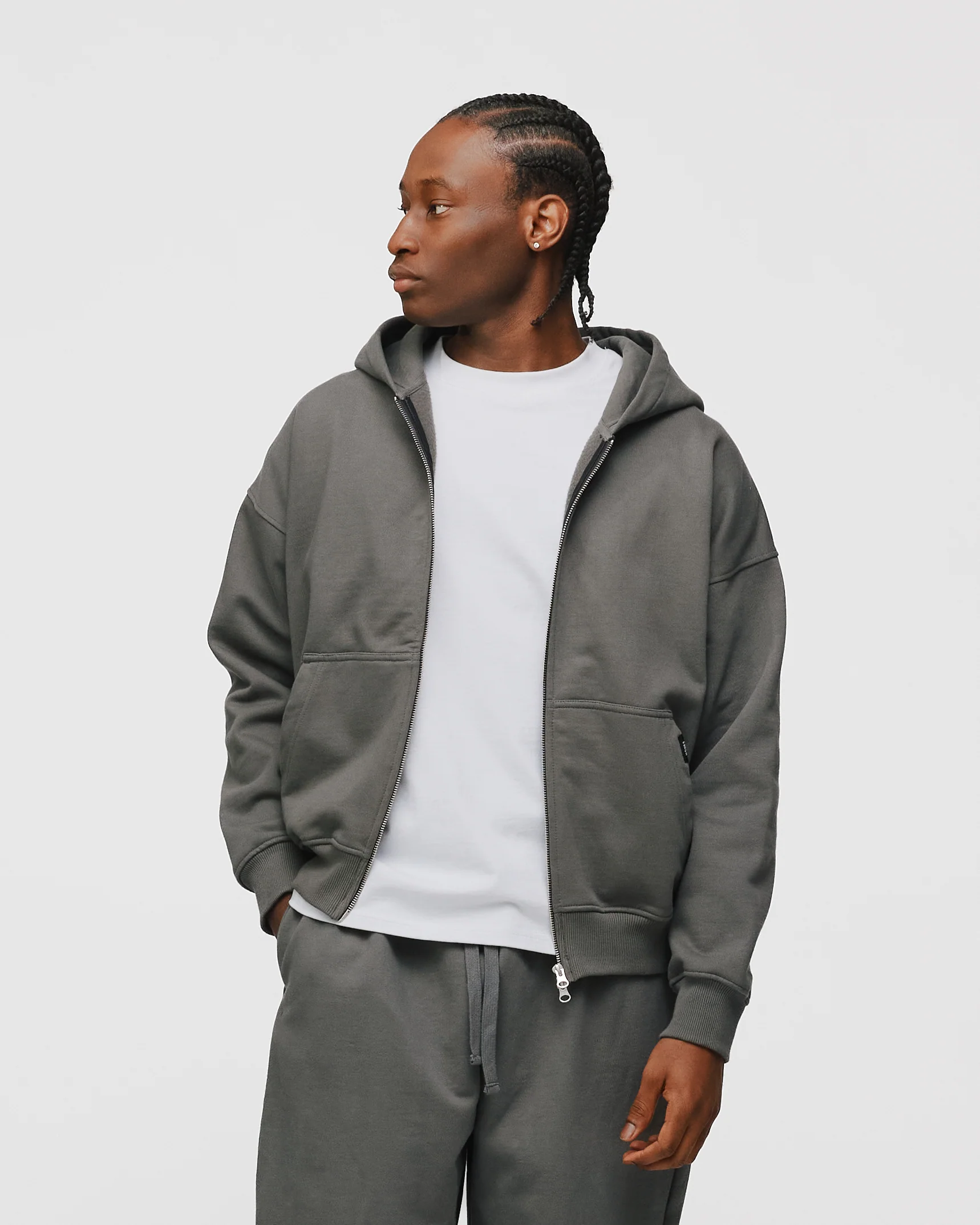 Drop Shoulder Zip Hoodie - Charcoal - Image 3