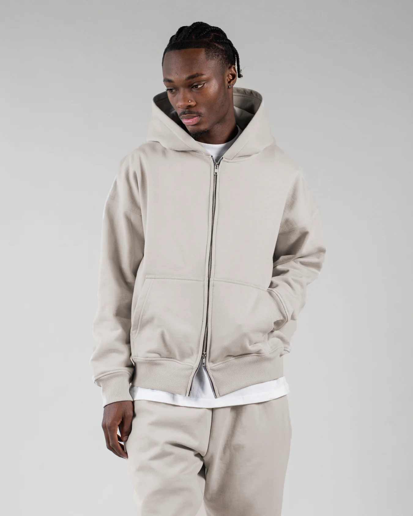 Drop Shoulder Zip Hoodie - Oatmeal - Image 3