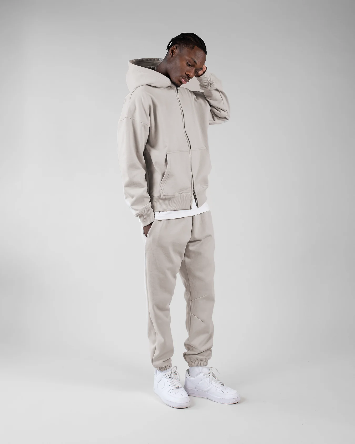 Drop Shoulder Zip Hoodie - Oatmeal - Image 4