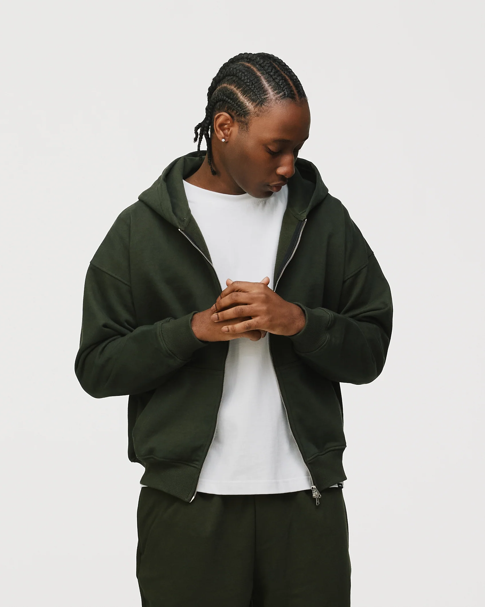 Drop Shoulder Zip Hoodie - Olive - Image 3