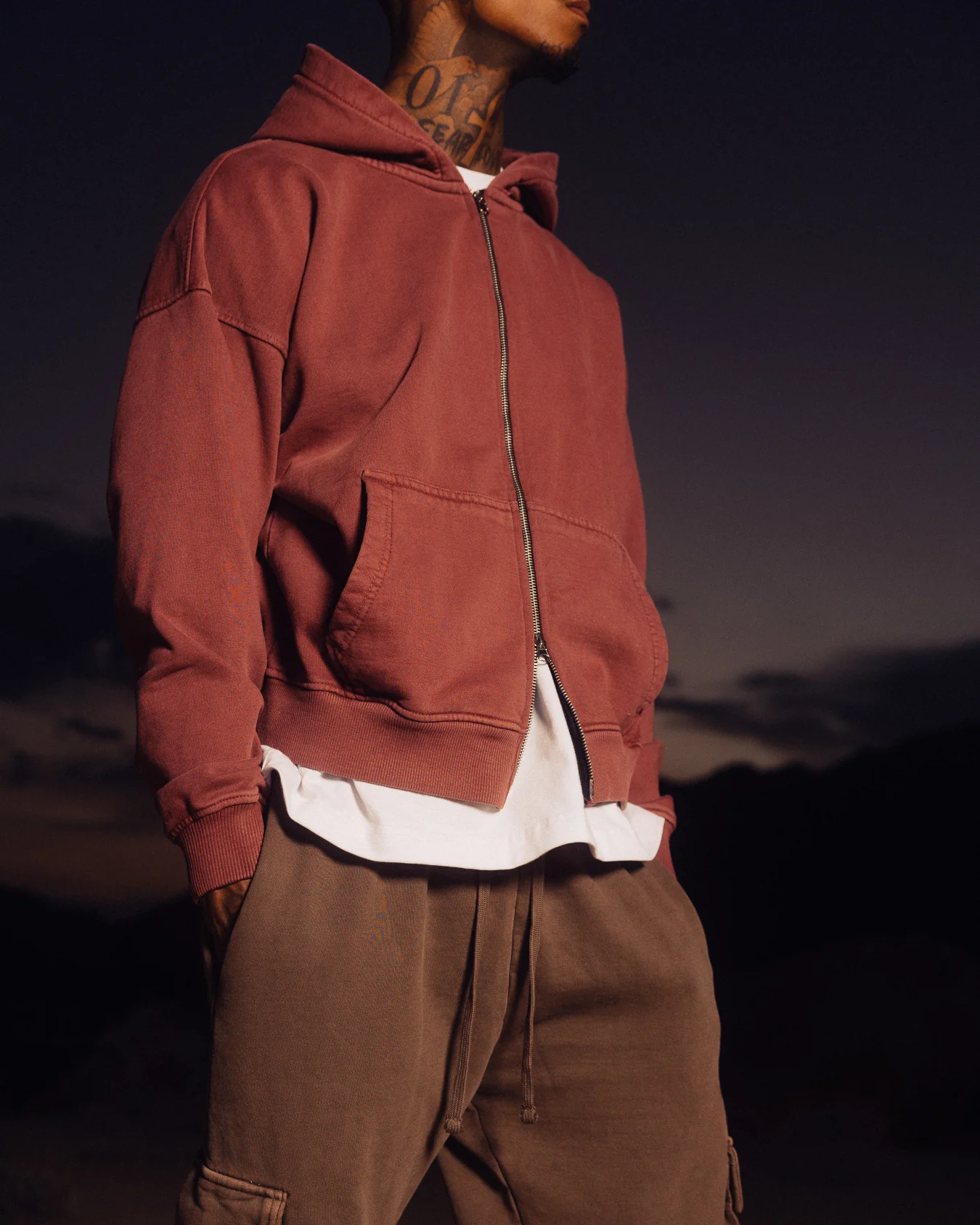 Drop Shoulder Zip Hoodie - Vintage Burgundy - Image 3
