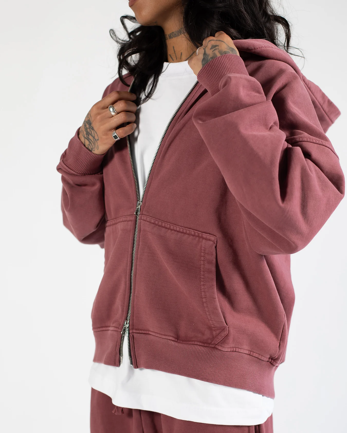 Drop Shoulder Zip Hoodie - Vintage Burgundy - Image 7