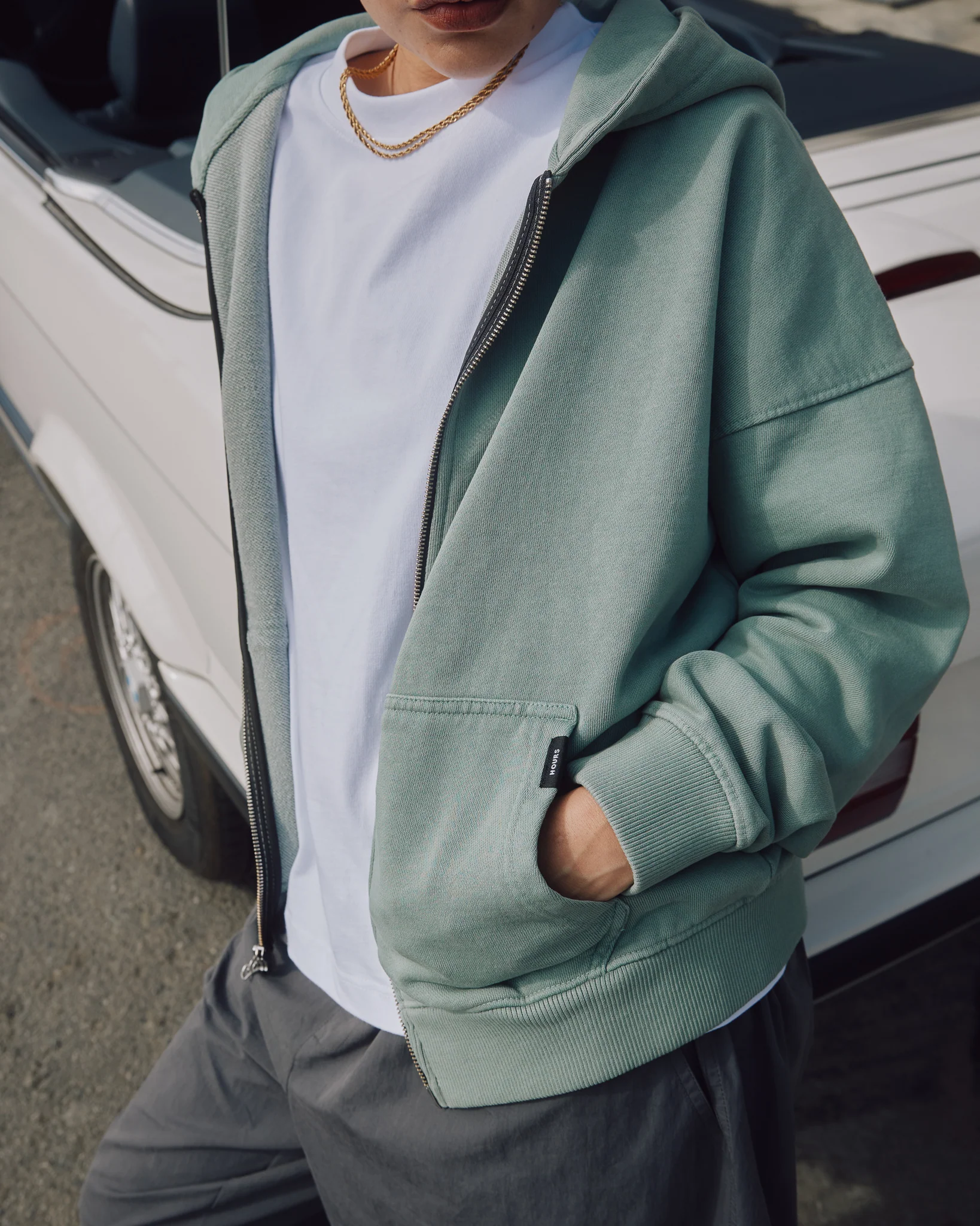 Drop Shoulder Zip Hoodie - Vintage Sage - Image 10