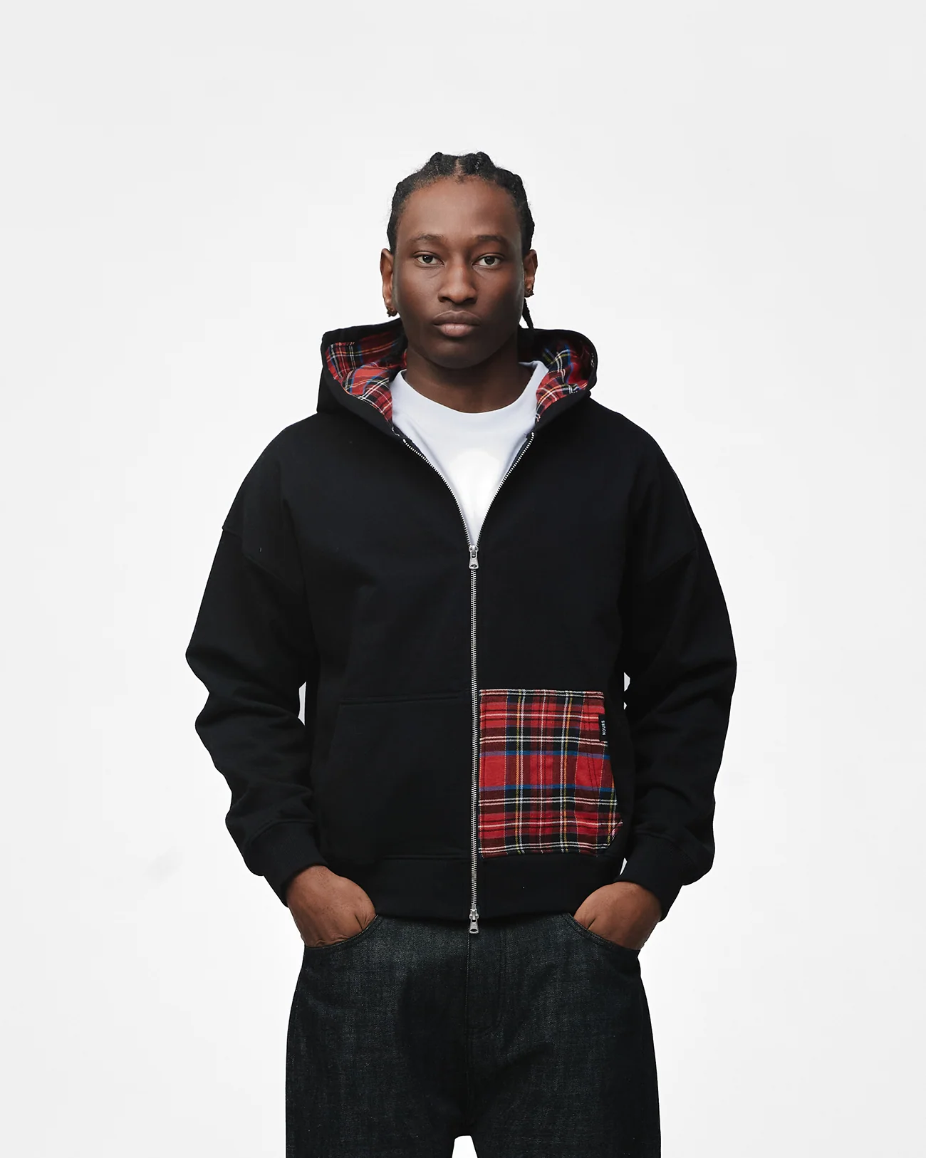 Flannel Zip Hoodie - Black - Image 3
