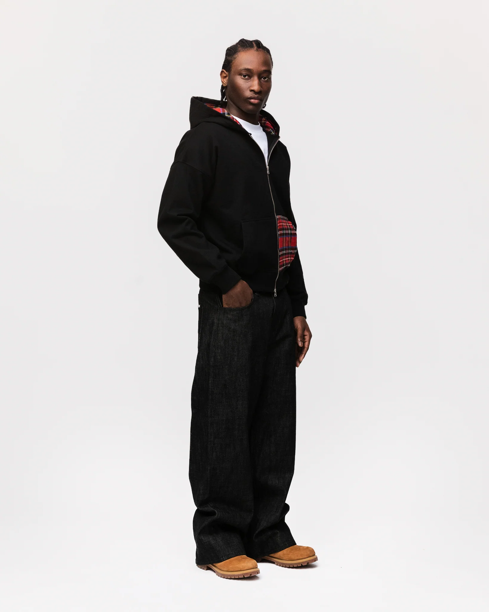 Flannel Zip Hoodie - Black - Image 5